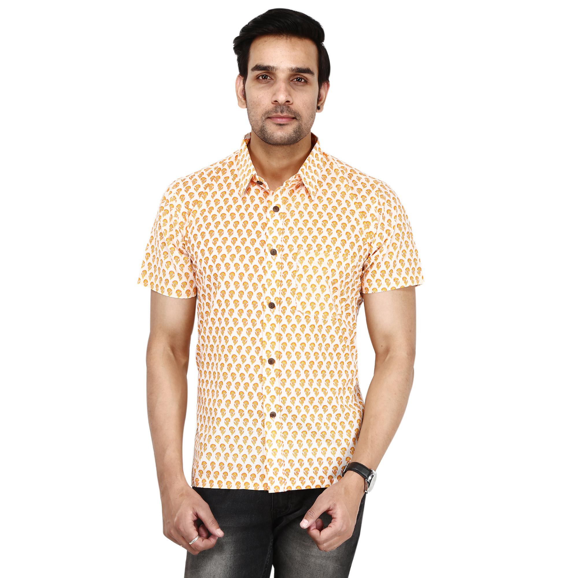 Men's Rajasthani Block Print White & Orange Casual Cotton Regular Fit ...